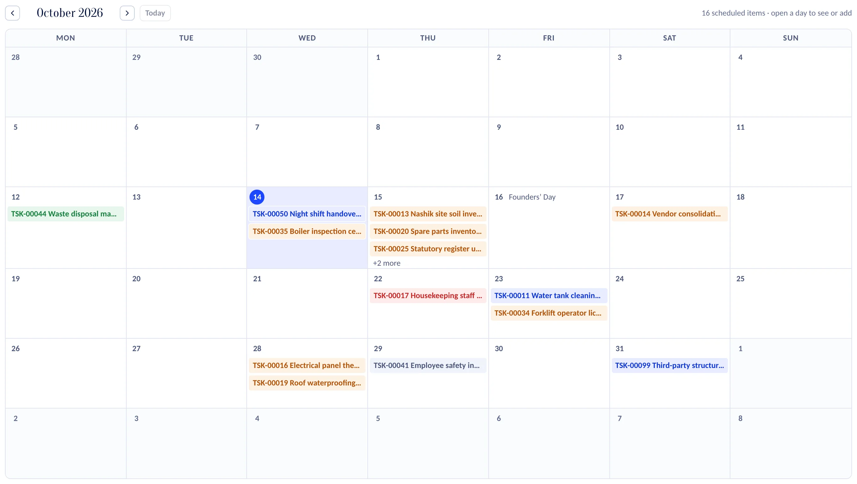 The month calendar of October 2026. Tasks stand on their due dates with number and title, coloured by the state of their SLA; one day carries a holiday, and a day with more tasks than fit says how many more there are.