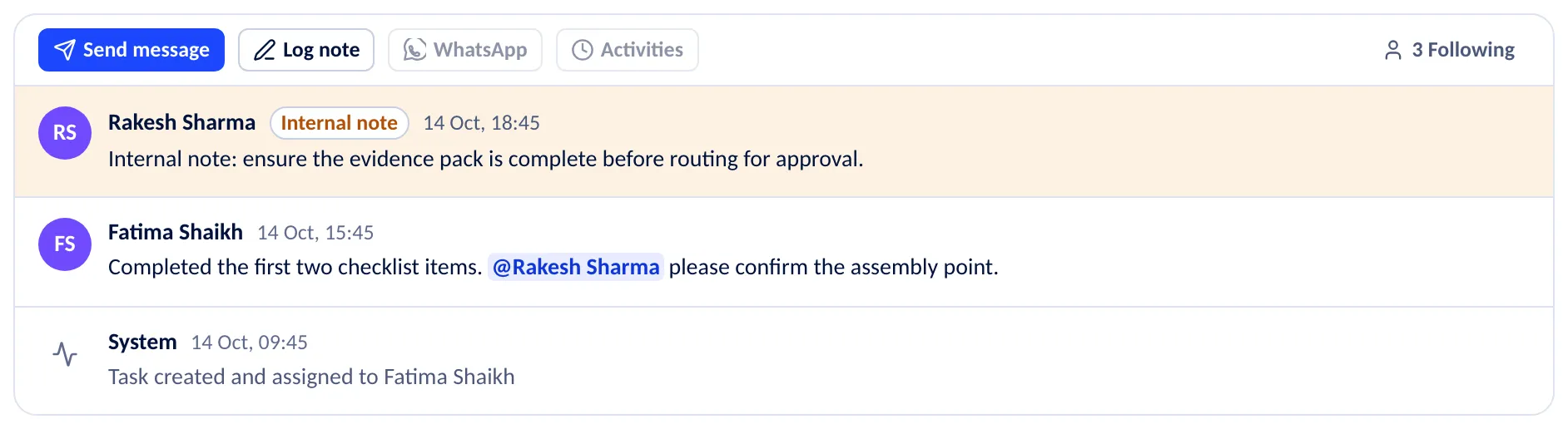 The discussion of a task. The buttons Send message, Log note, WhatsApp and Activities, and a count of three followers. Below them an internal note, a message that mentions a colleague, and a system entry saying the task was created and assigned.