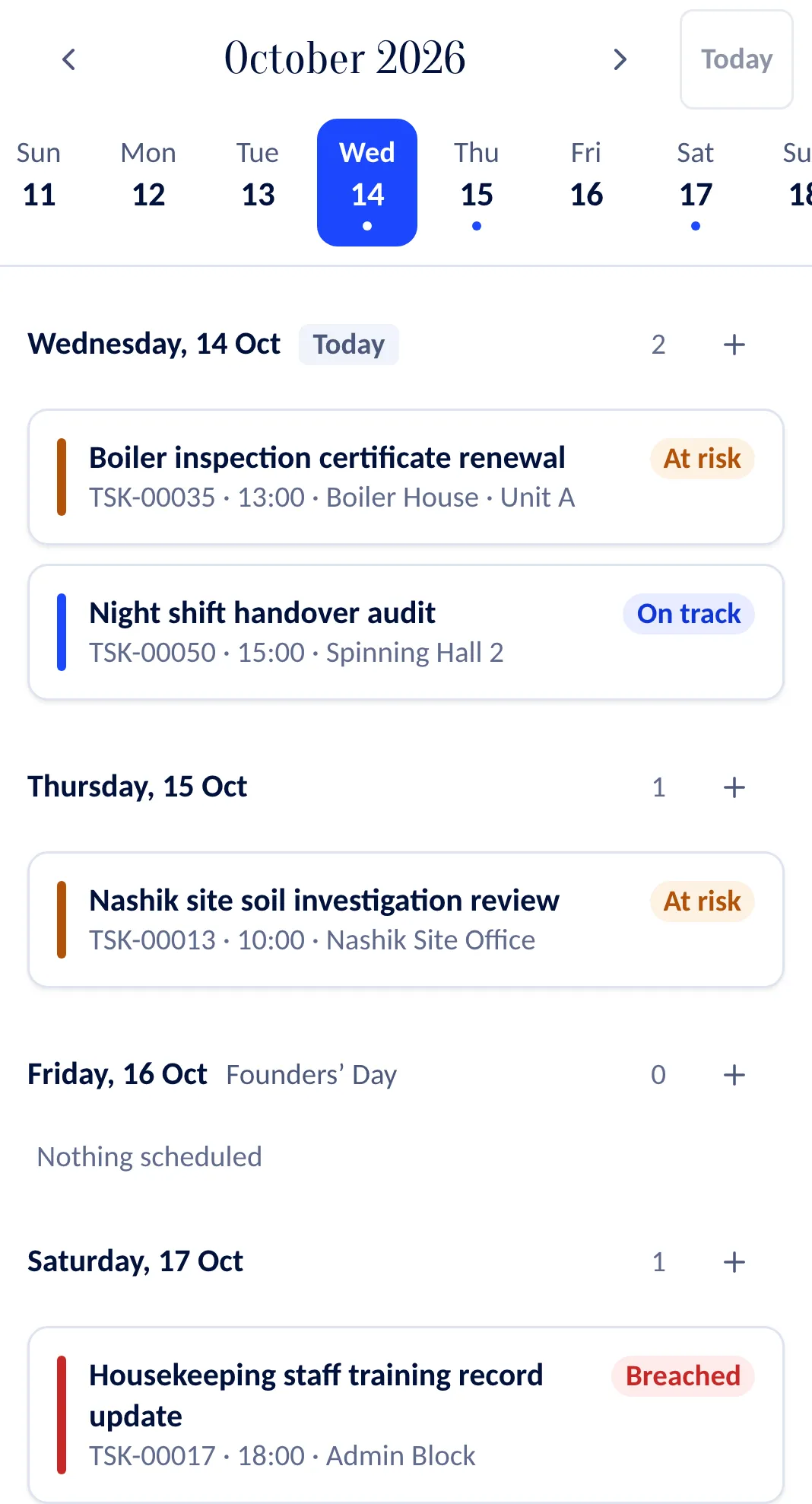 The calendar on a phone: a strip of days and, below it, the agenda. Each day lists its tasks with time, place and SLA state — at risk, on track or breached — and a holiday is named.