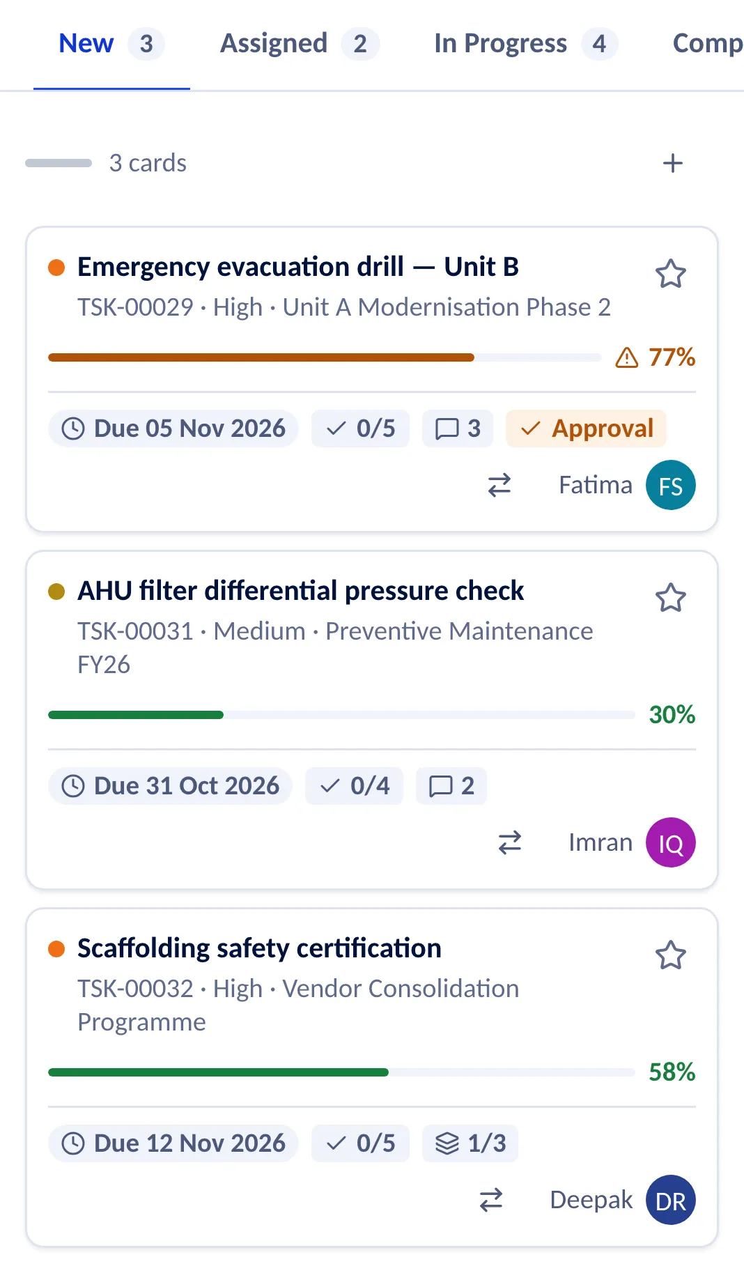 The board on a phone: one stage per screen, with a tab for each stage. Three cards of the stage New show their SLA bar, due date, checklist progress and assignee.
