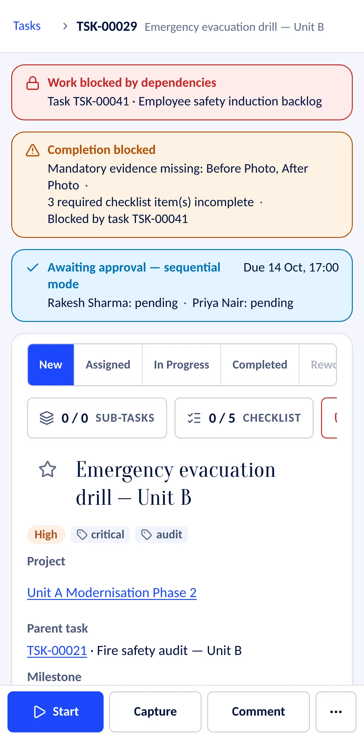 A task on a phone. A banner says completion is blocked: the before and after photos are missing and three required checklist items are open. Below it the stage bar, the title and the task’s fields; at the bottom the buttons Start, Capture and Comment.